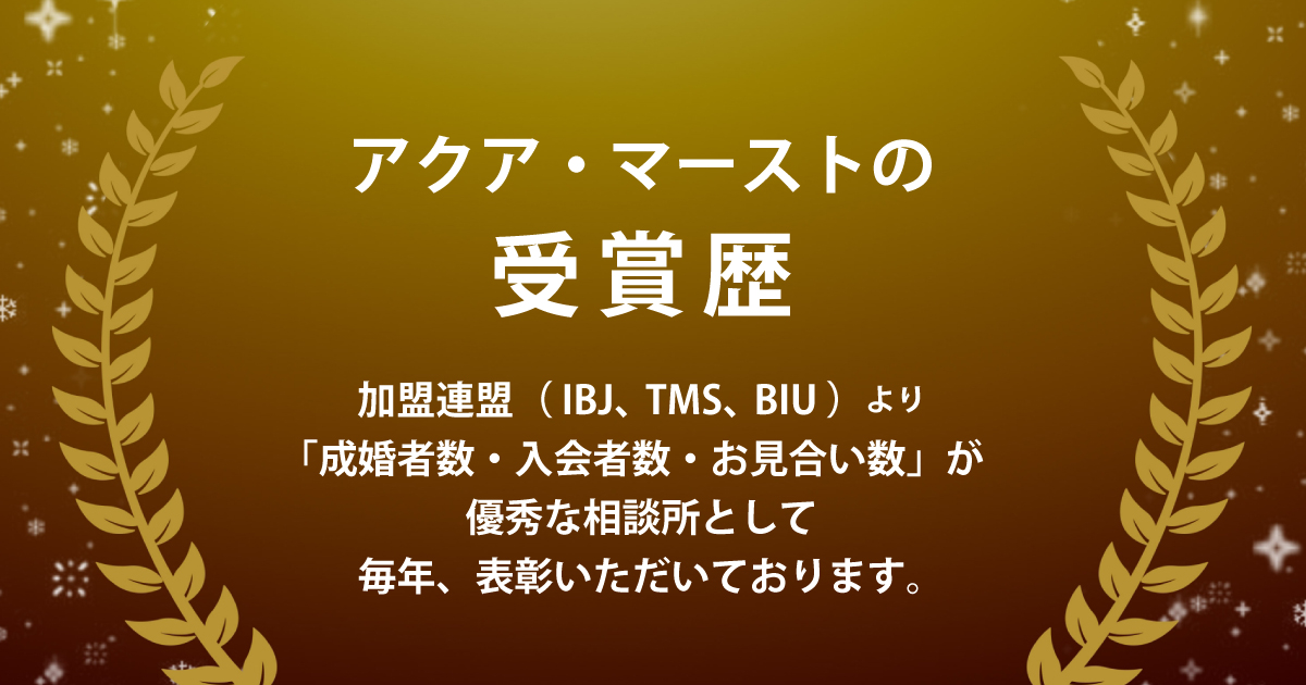 アクア・マーストの受賞歴。IBJ、TMS、BIUより成婚者数・入会者数・お見合い数が優秀な相談室として毎年、表彰いただいております。
