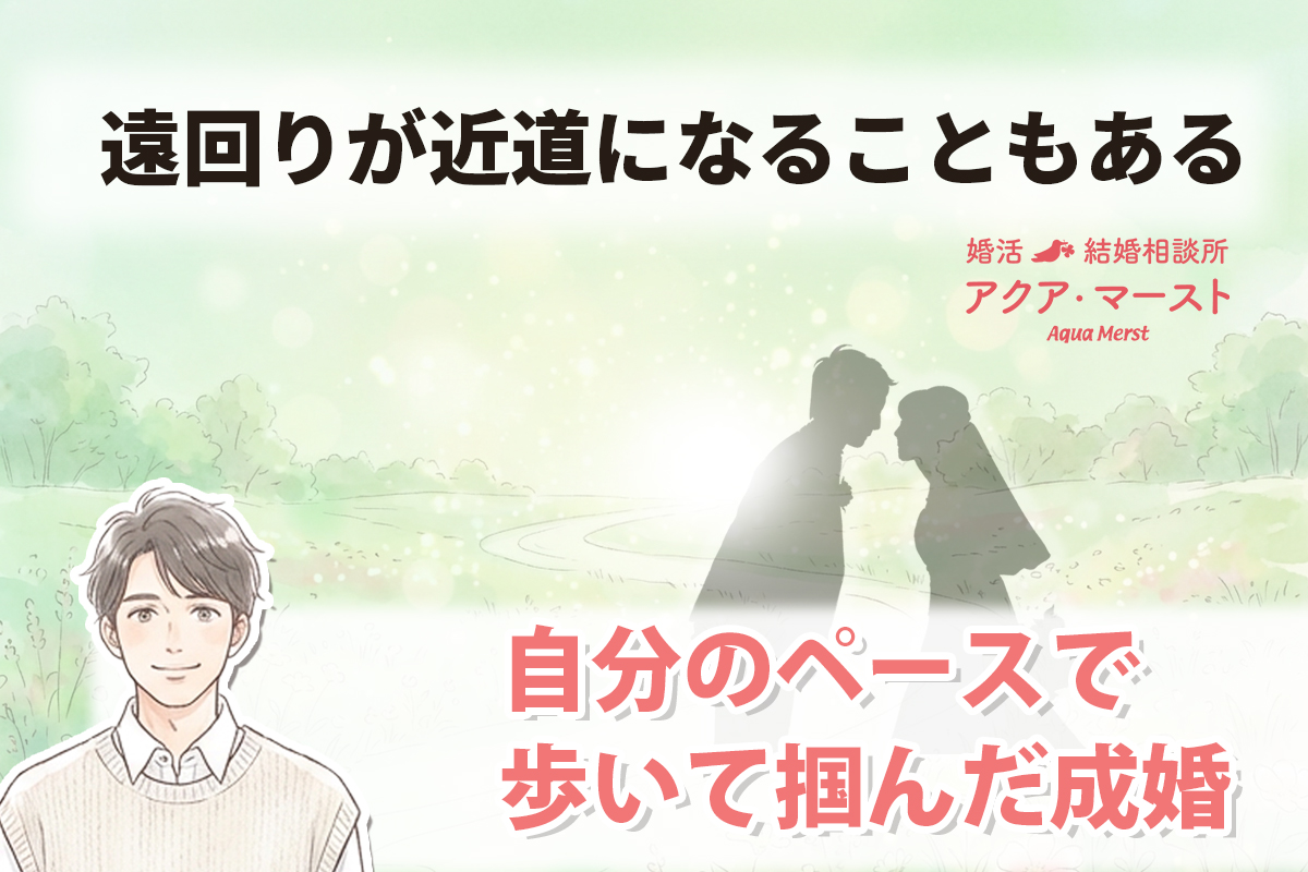 「淡いグリーンの背景に、道を歩く男性と女性のシルエット。左に優しい雰囲気の男性イラスト。 『遠回りが近道になることもある』『自分のペースで歩いて掴んだ成婚』という文字が配置された婚活ブログのアイキャッチ画像。」